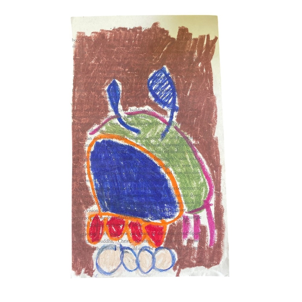 Original Abstract Mixed Media Drawing on Book Page Colorful Folk Art 5x9